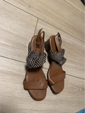 Made in Italy Brown Leather Block Heel Sandals | Size 8 | Woven Strap